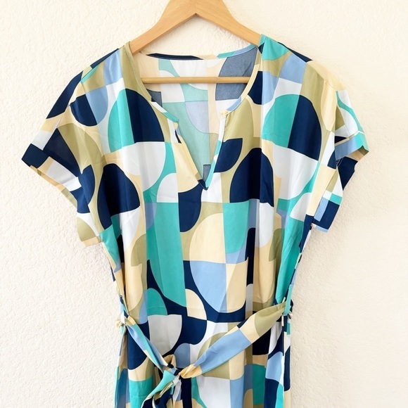 Emery Rose Geo Print Colorblock Notched Neck Dolman Sleeve Belted Dress Size XL - Picture 4 of 11